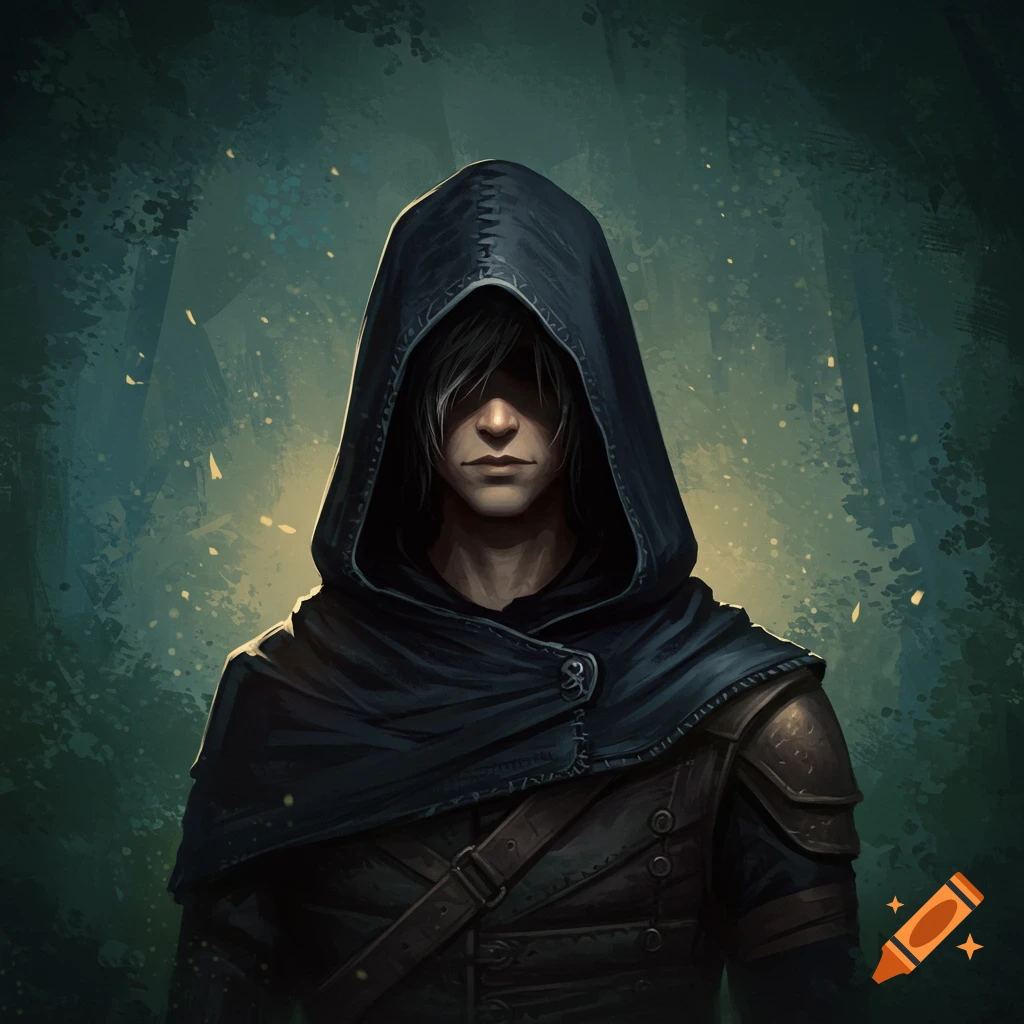 A person in a dark hood and armor, in a forest.