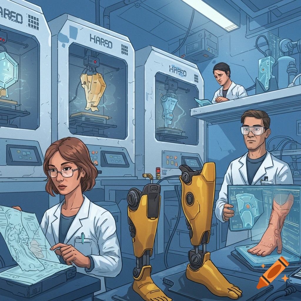Scientists using 3D printers to create medical prosthetics in a lab.