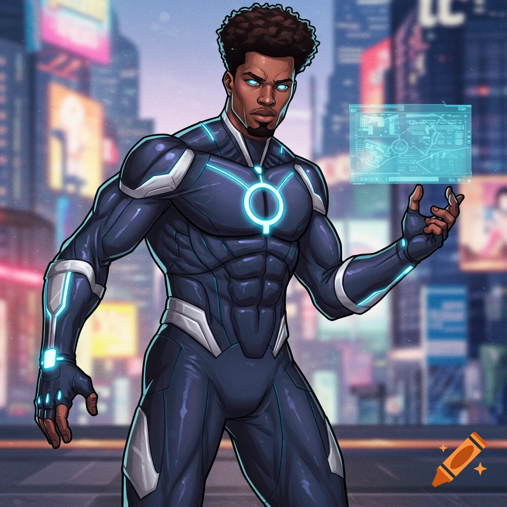 A Black superhero in a dark suit with blue light accents, holding a glowing holographic screen in a city.