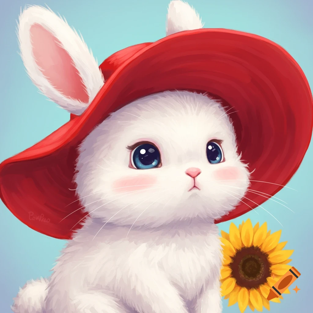 A cute white bunny in a red hat next to a sunflower.