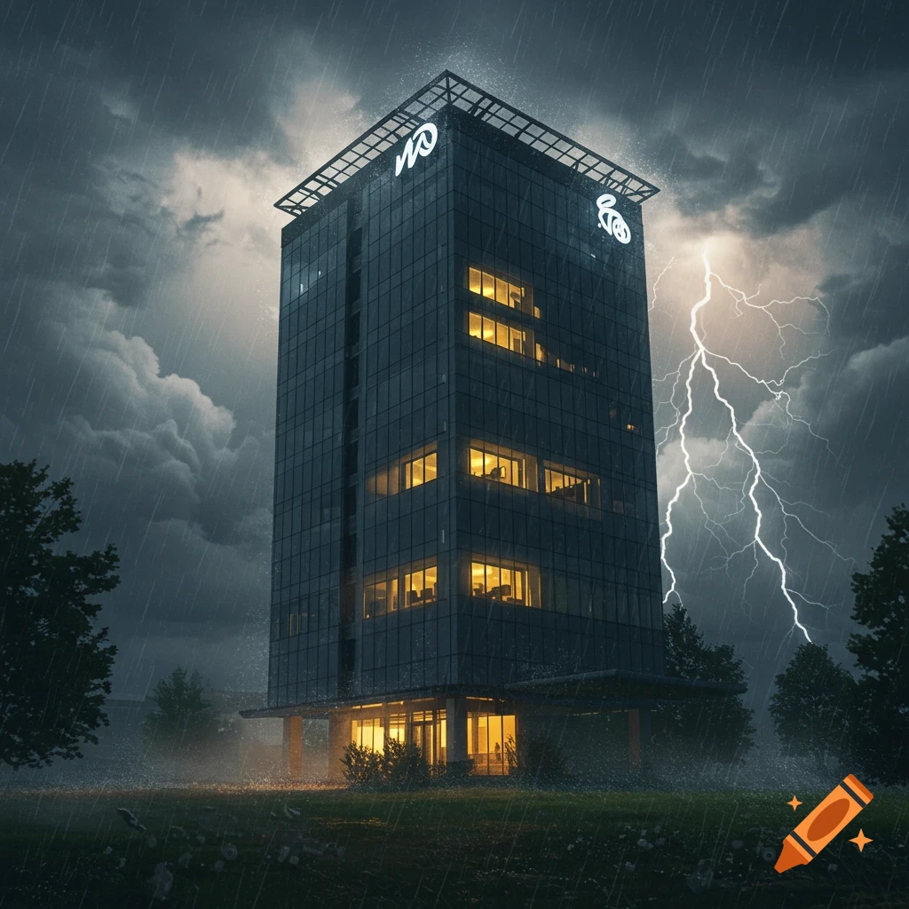A tall office building illuminated from within during a rain storm with lightning striking nearby.