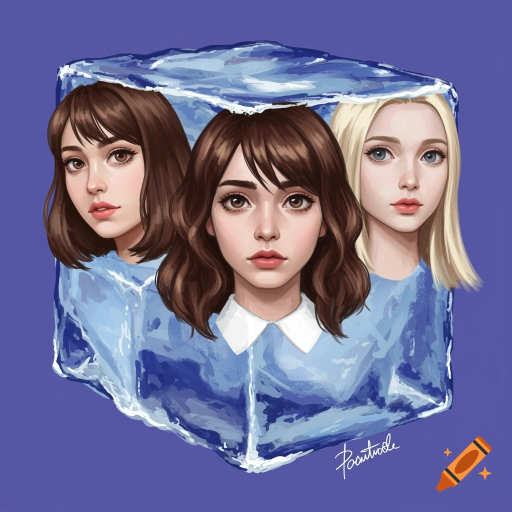 Three women's heads are trapped in an ice cube.