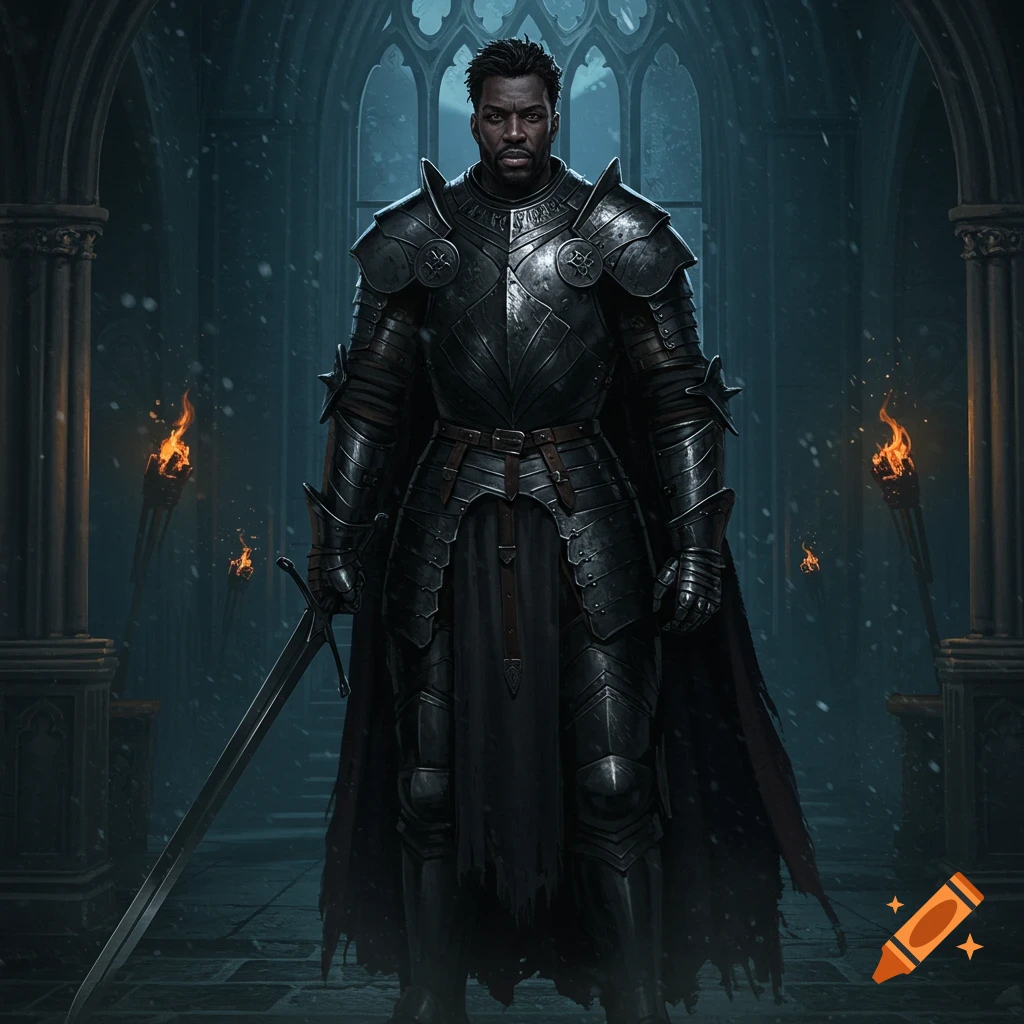 A man in black knight armor standing with a sword in a gothic interior with snow.