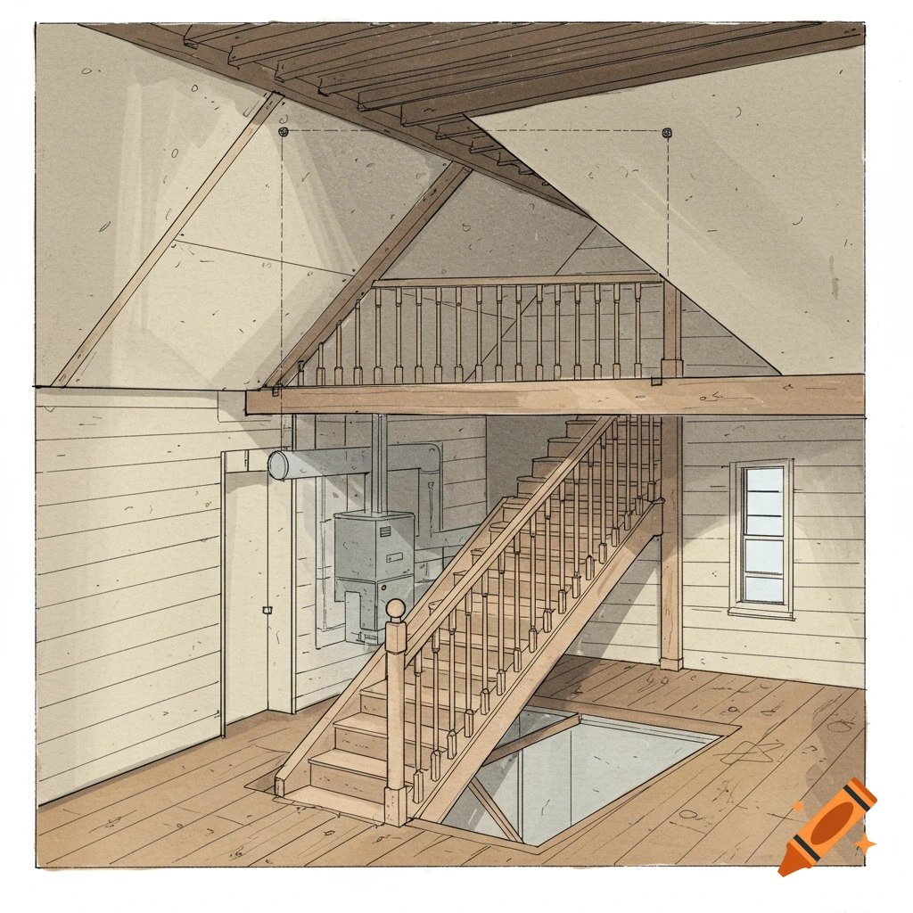 Illustration of a room interior with a wooden staircase leading upstairs and down to a furnace access, with architectural annotations.