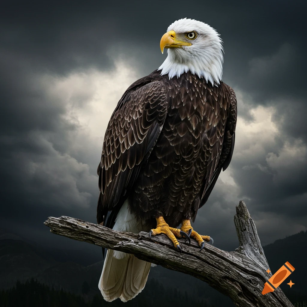 A bald eagle perches on a branch against a stormy sky.