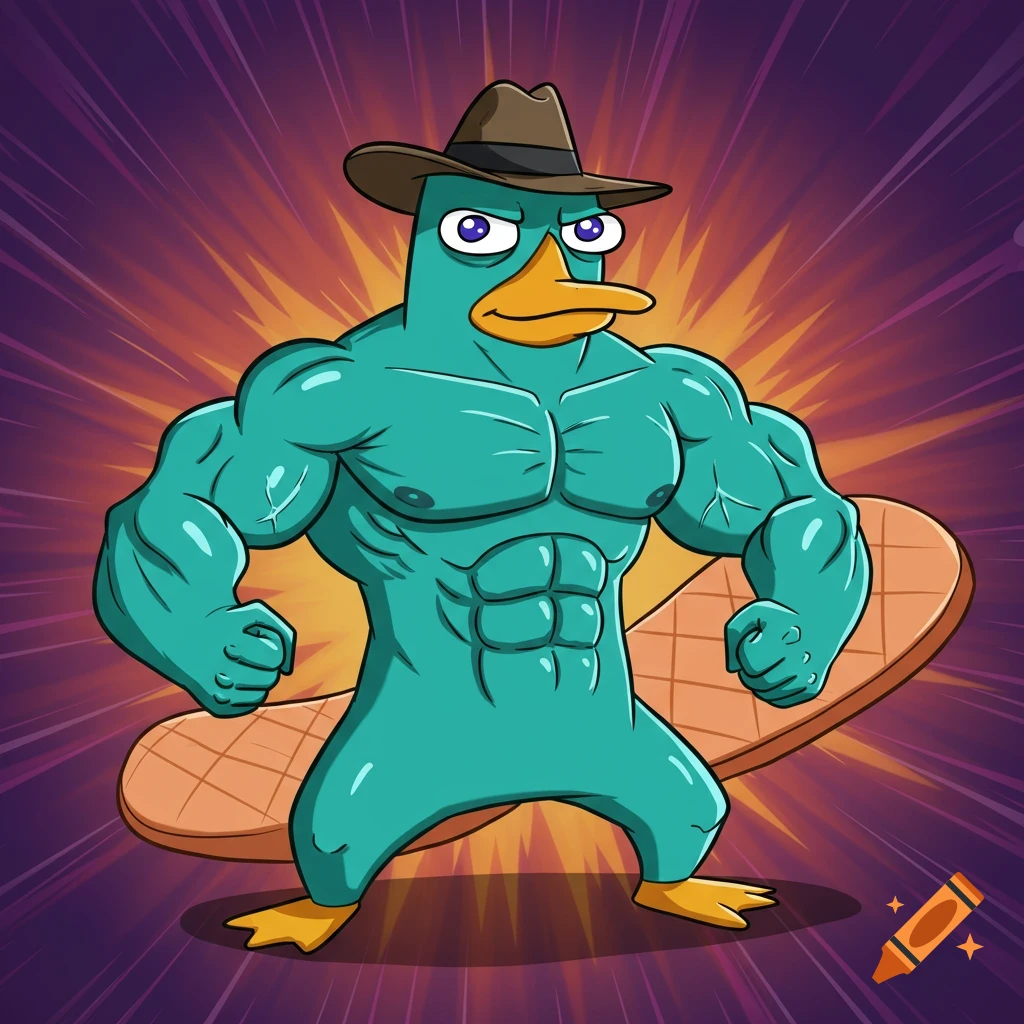 A muscular cartoon platypus in a fedora poses heroically against a stylized background.