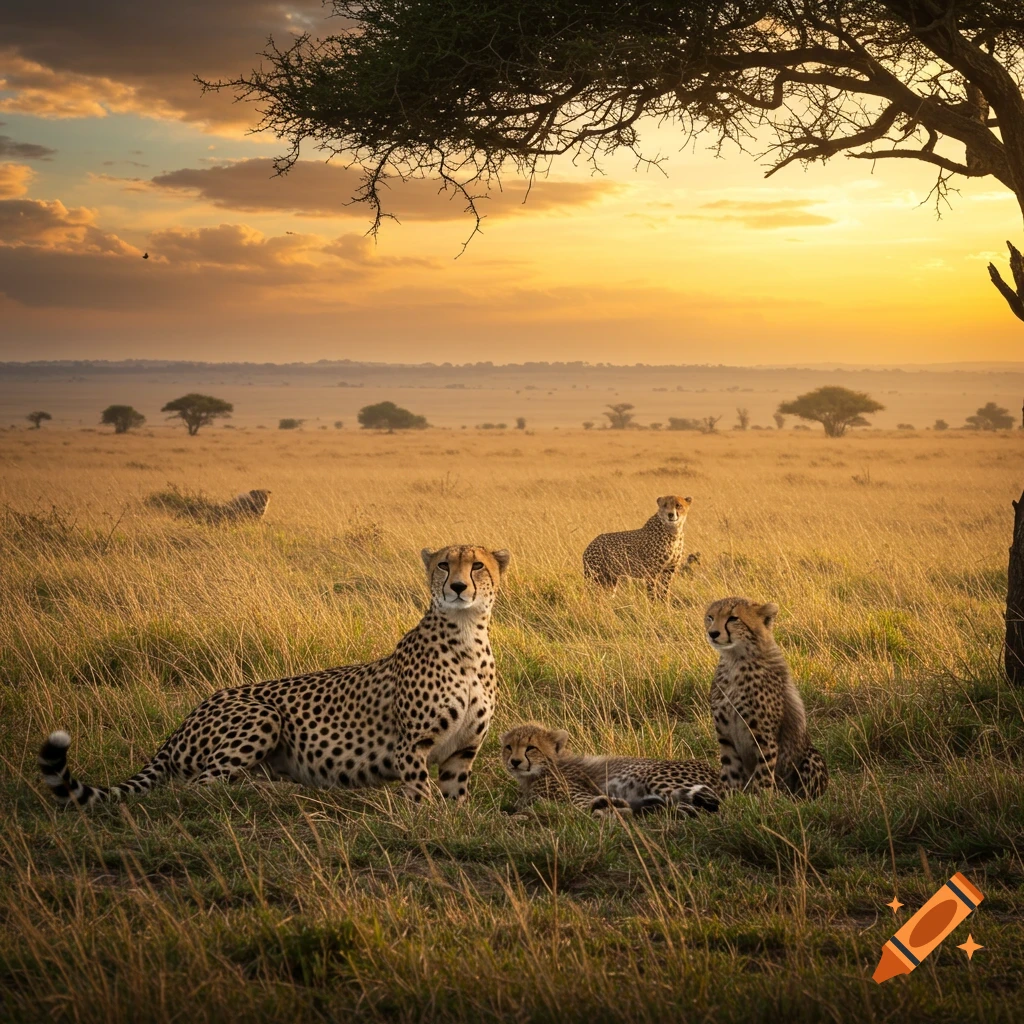 A family of cheetahs sits in tall grass in a savannah at sunset.
