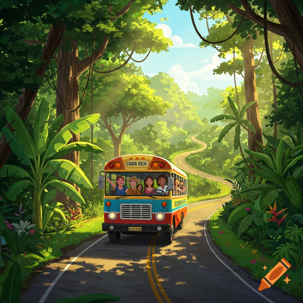 A colorful bus drives on a road through a lush green jungle with passengers waving.