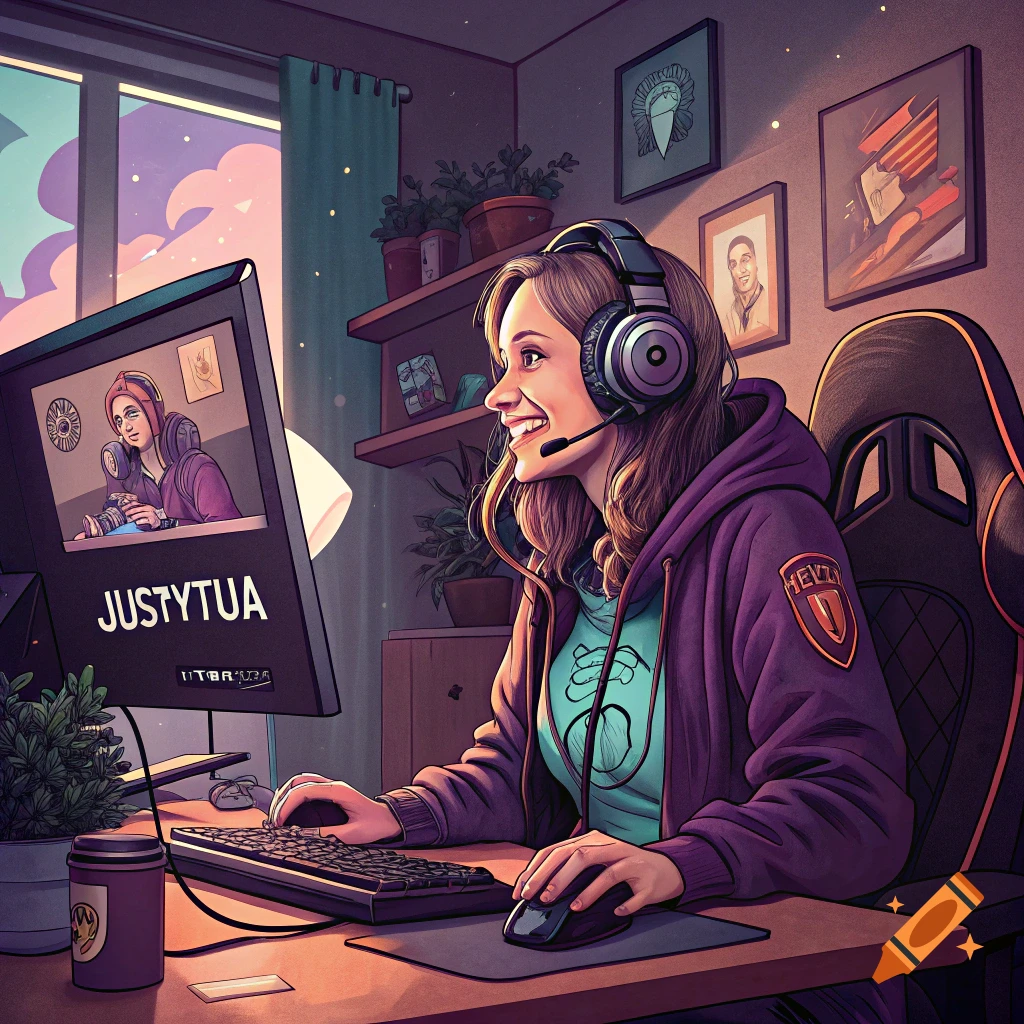 A smiling woman with headphones and mic looks at a computer monitor in a room with a gaming setup, streaming online.