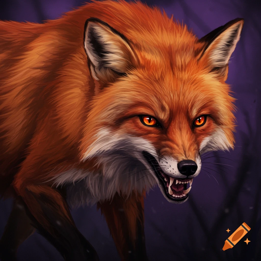 An angry red fox with glowing eyes snarling.
