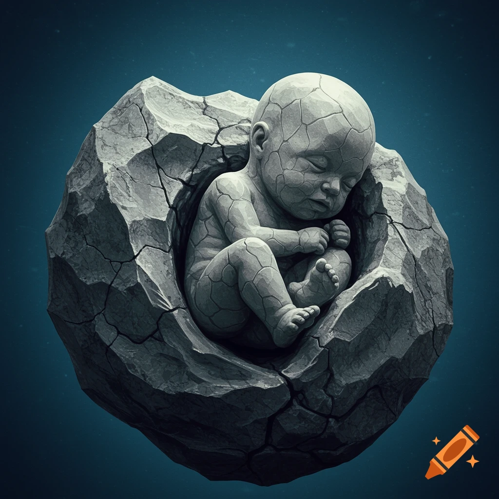 A cracked stone womb holds a surreal stone baby against a dark blue background.