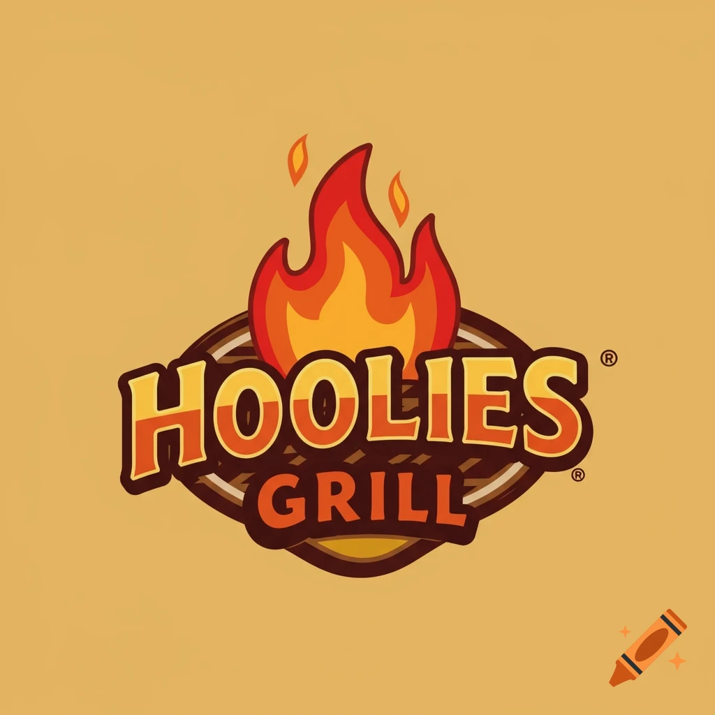 Logo for Hoolies Grill featuring orange and red text with flames and a grill shape.
