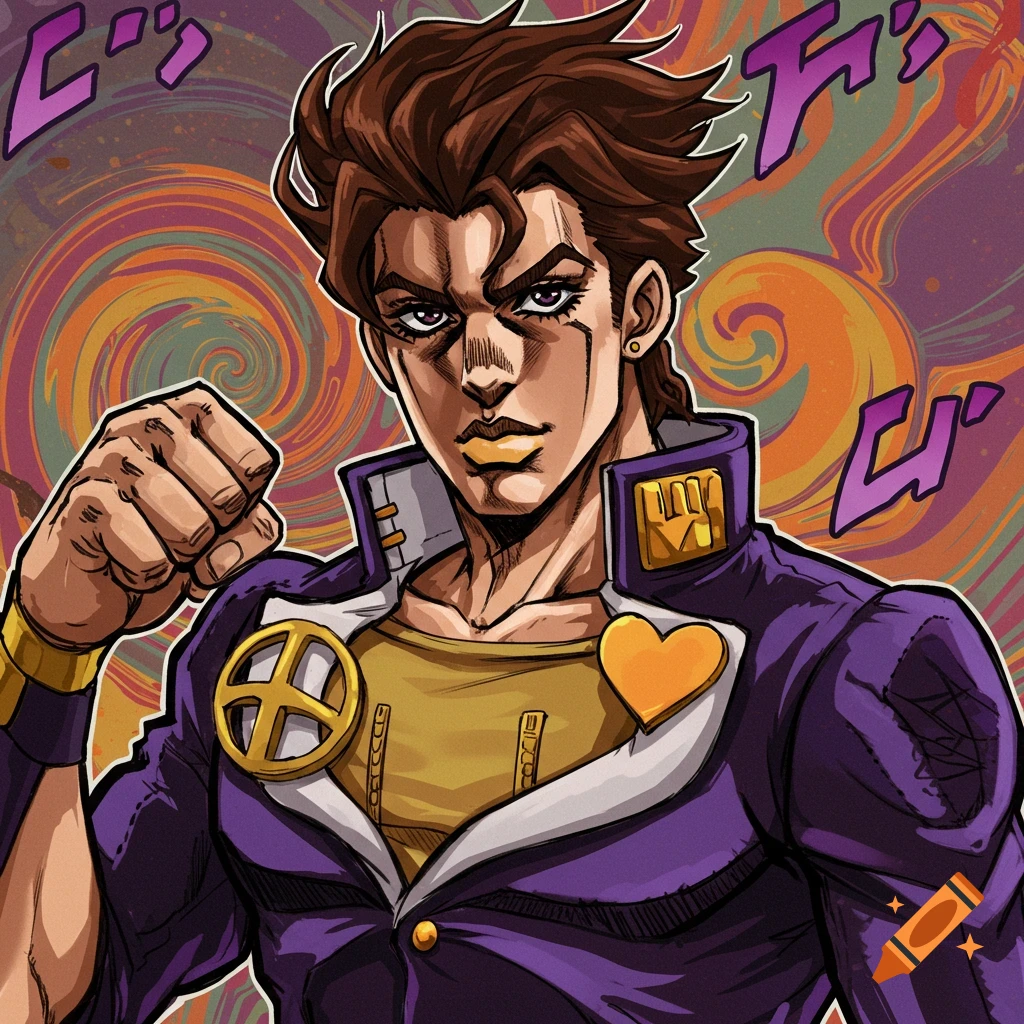 Anime style portrait of a male character in purple jacket with badge against swirled background with stylized text.