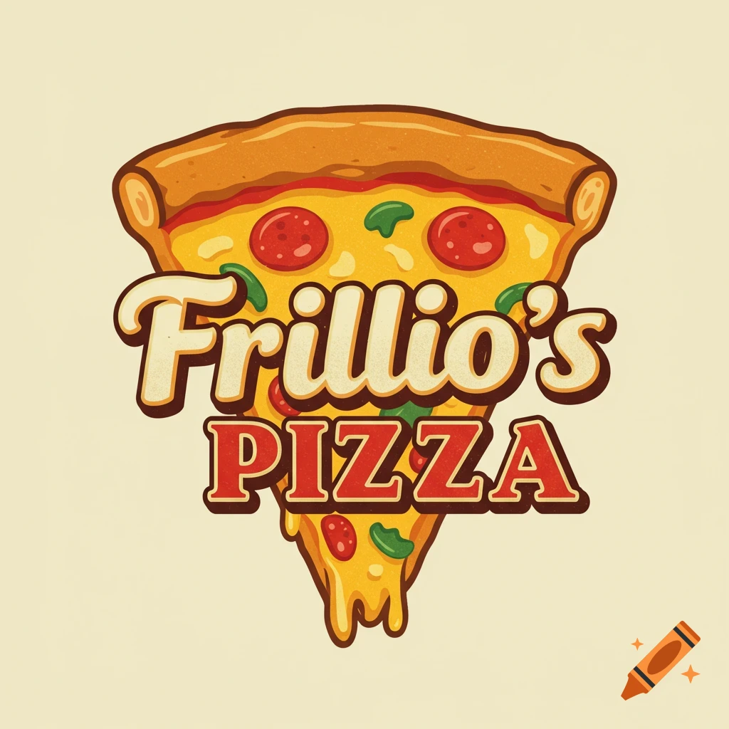 Cartoon logo of a pizza slice with the text Frillio's Pizza.