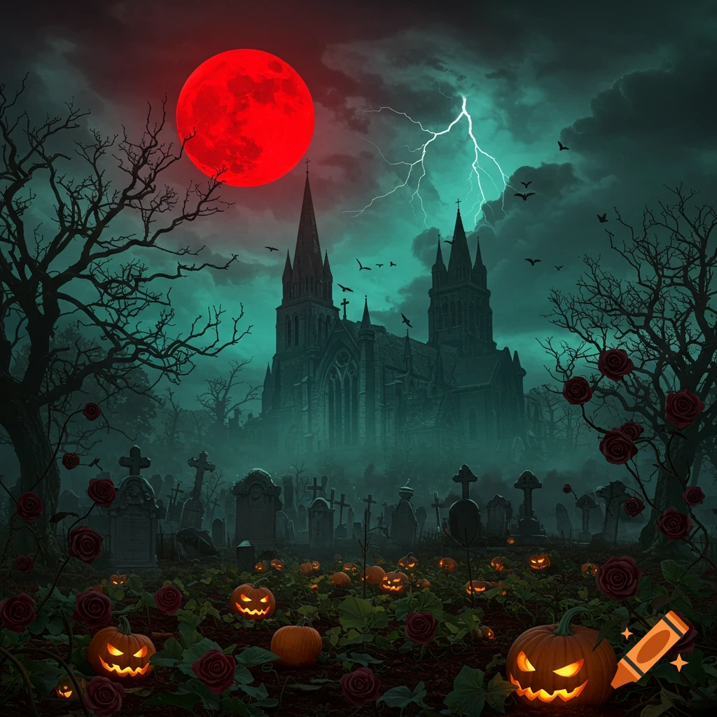 A spooky Halloween cemetery scene with glowing pumpkins, red roses, a gothic church, a red blood moon, and lightning.