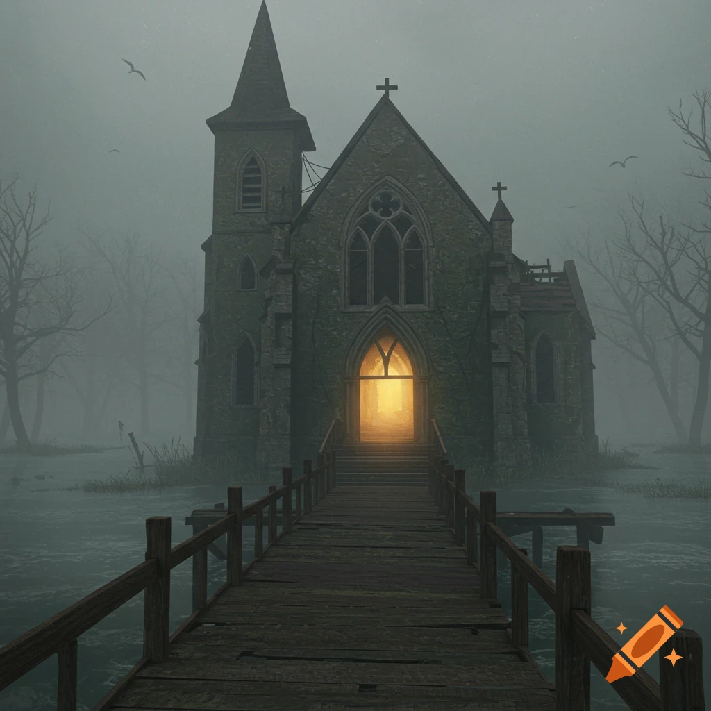 Rundown gothic church in a foggy swamp accessed by a wooden boardwalk.
