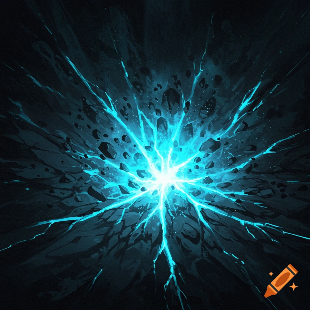A bright blue energy explosion cracking through a dark landscape.