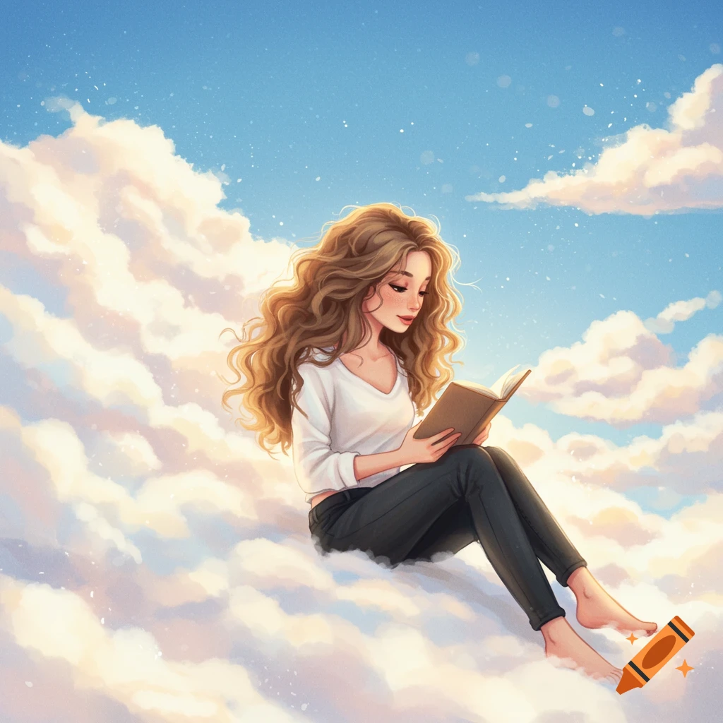 A girl with long hair reads a book while sitting on a cloud in the sky.