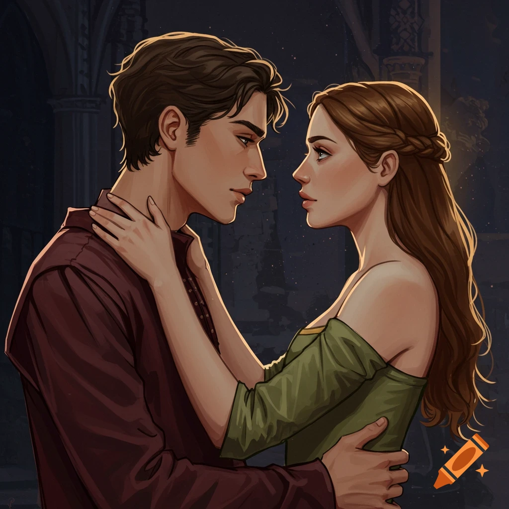 A man and woman embracing and looking at each other.