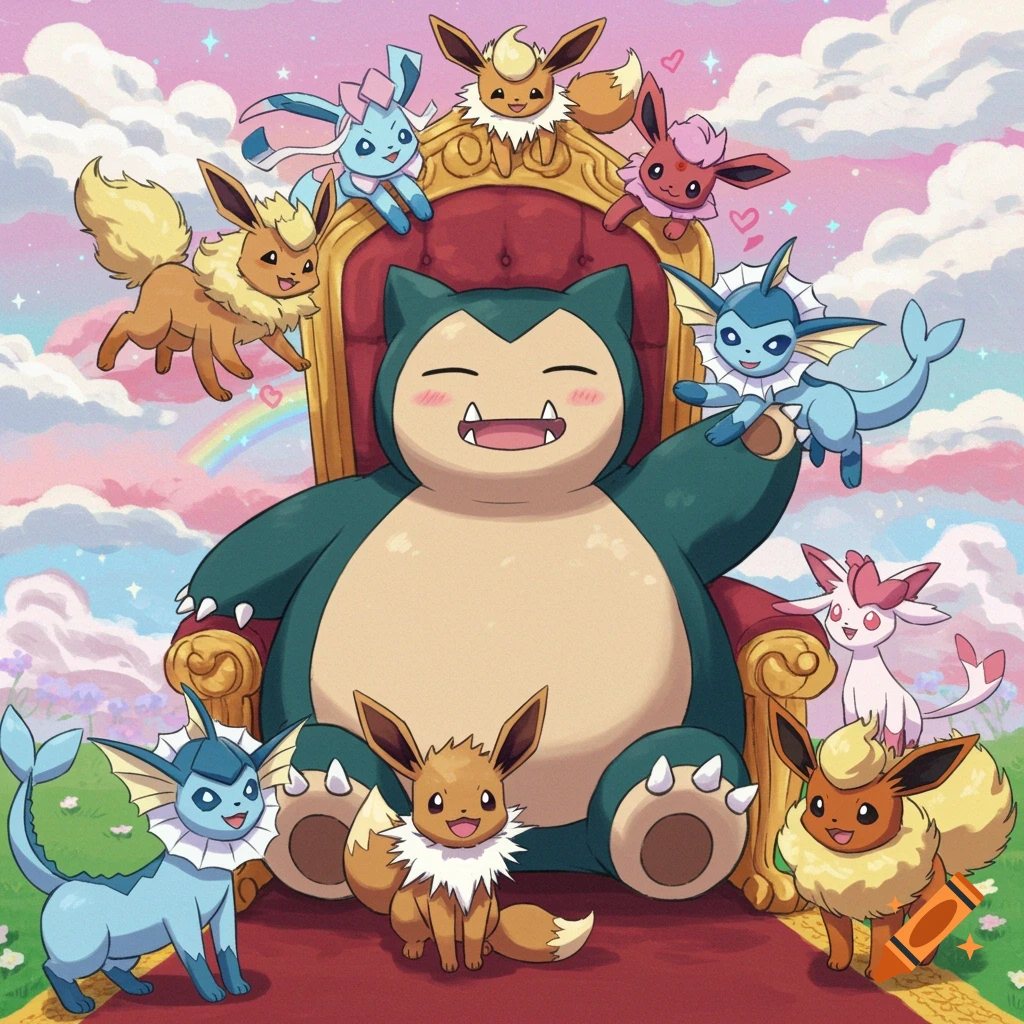 Snorlax sits on a throne surrounded by many Eeveelutions in a colorful cartoon style.