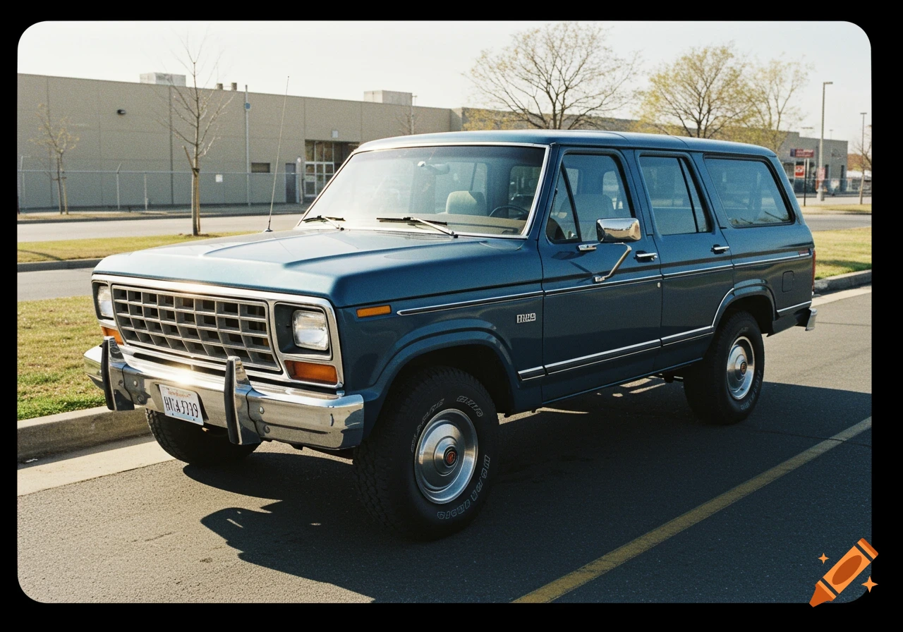 A blue vintage Ford SUV parked on the street in front of a building, photo.