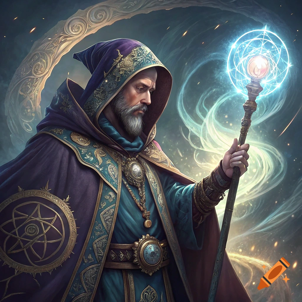 A wizard in a hooded robe holding a glowing staff.