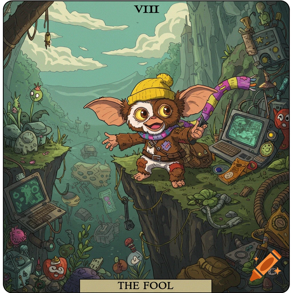 Cartoon illustration of a Gremlin character on a cliff in a junk-filled landscape, styled as a tarot card titled The Fool.