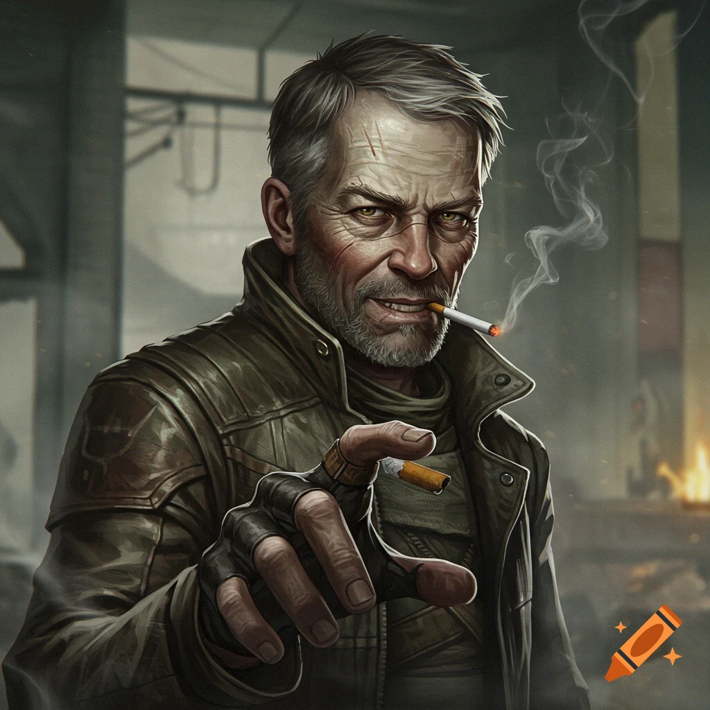 A portrait of an older man with scars and a beard, wearing a leather jacket and fingerless gloves, smoking a cigarette.