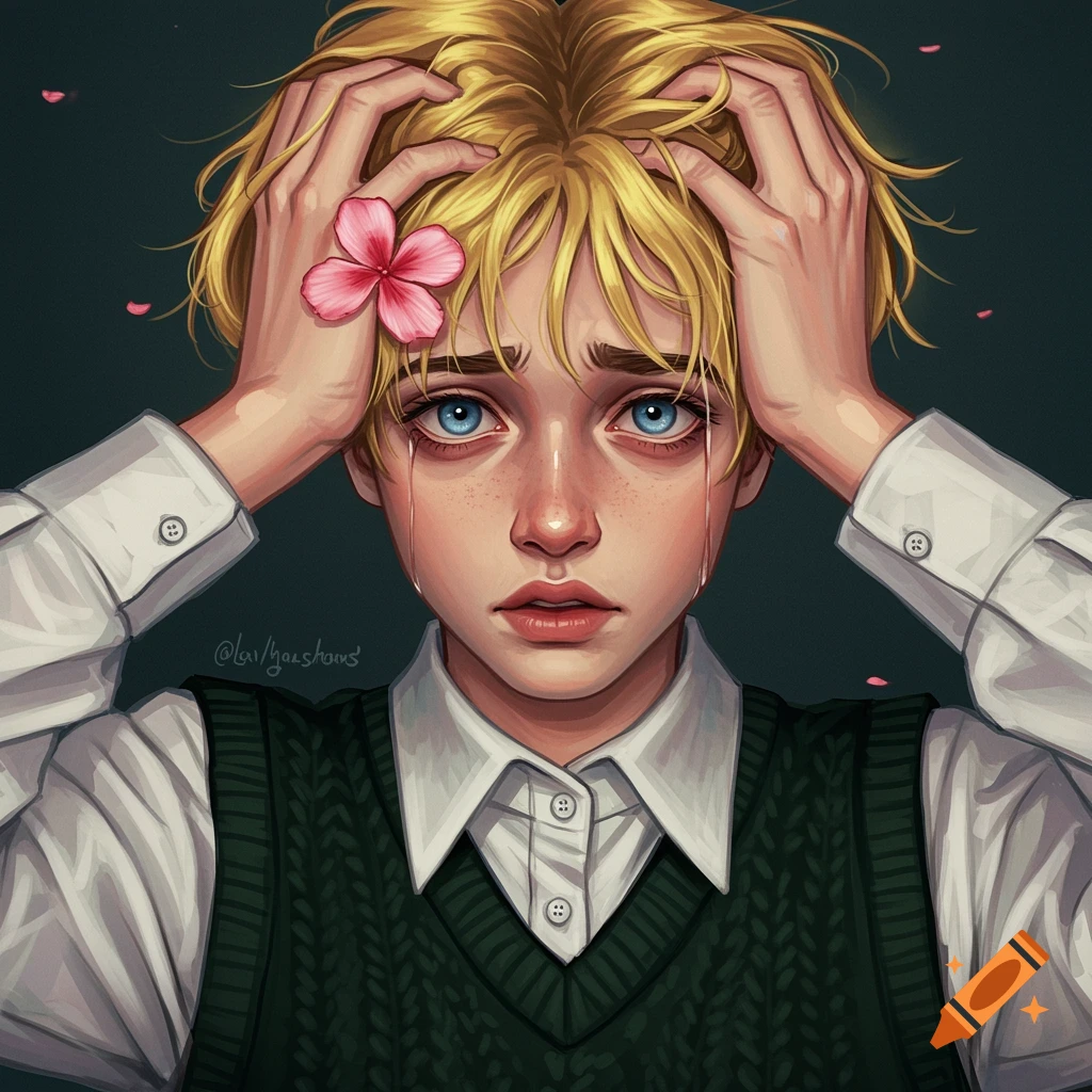 A crying boy with blonde hair holds his head. He wears a vest and has a pink flower in his hair.