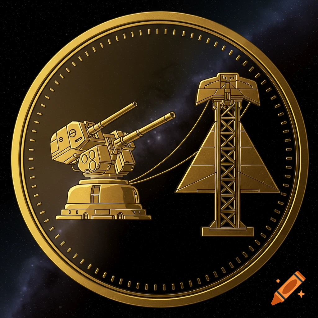 Gold coin with military turret and pylon logos in space.
