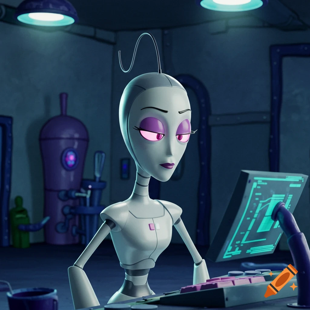 A white robot with purple eyes looks at a computer screen in a dimly lit lab.