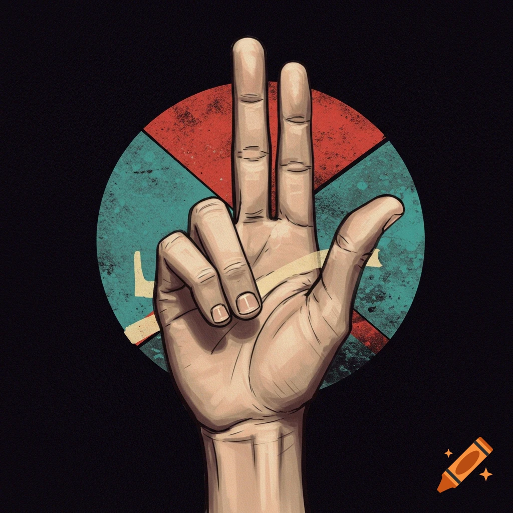 A hand showing three fingers up against a graphic circle background.