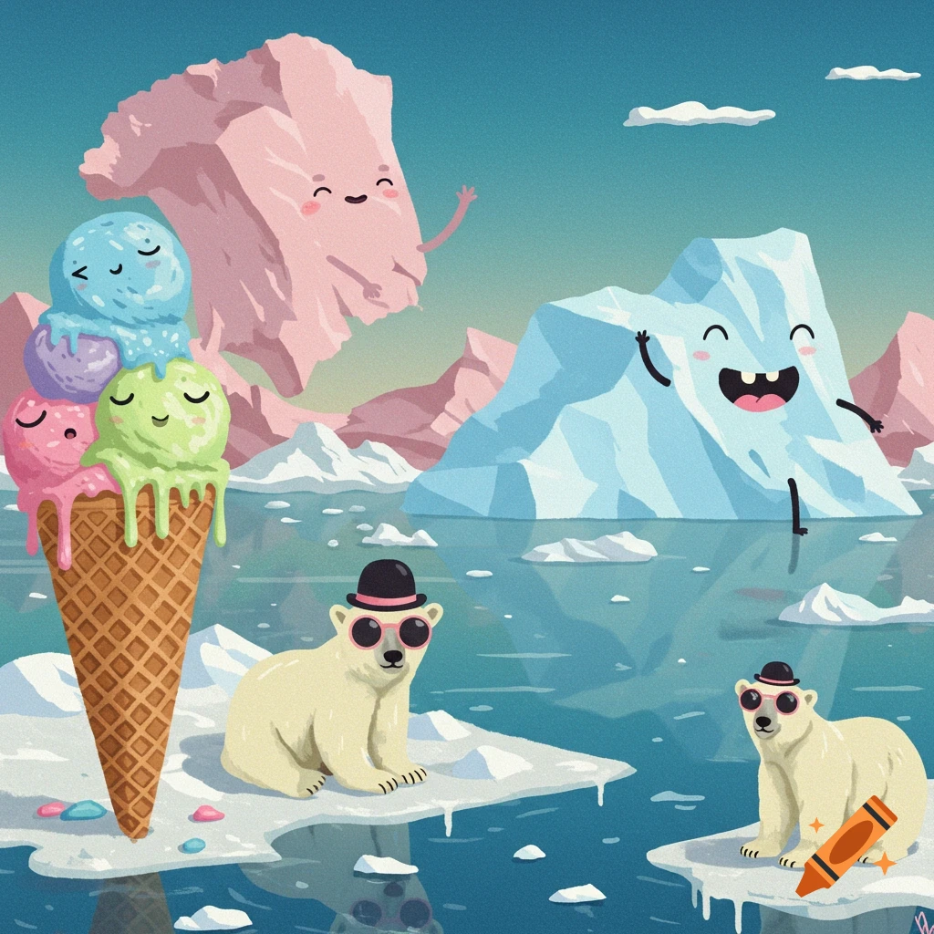 Cartoon polar bears on ice floes with a giant ice cream cone and smiling icebergs in an arctic landscape.