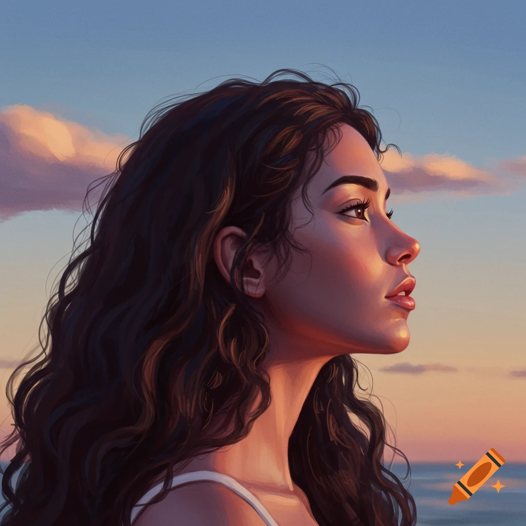 A woman's profile looking towards a colorful sunset.