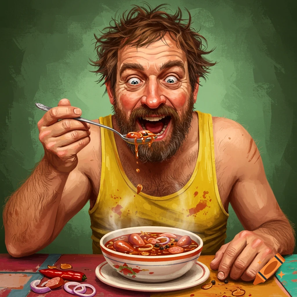A man enthusiastically eating soup from a bowl with a spoon.