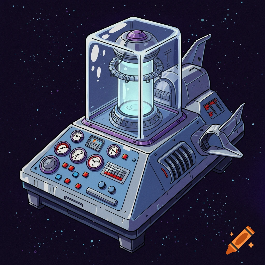 A cartoon-style illustration of a complex time machine in space.