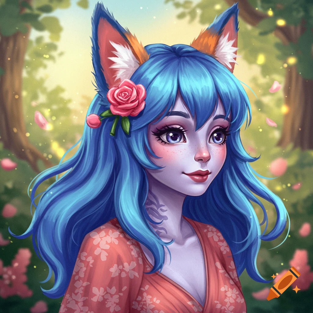 A cute blue-haired monster woman with animal ears and a flower in her hair, in a forest.