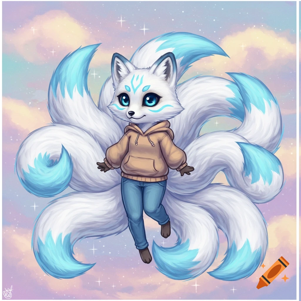 Cute nine-tailed arctic fox in hoodie and jeans floats in a starry sky.