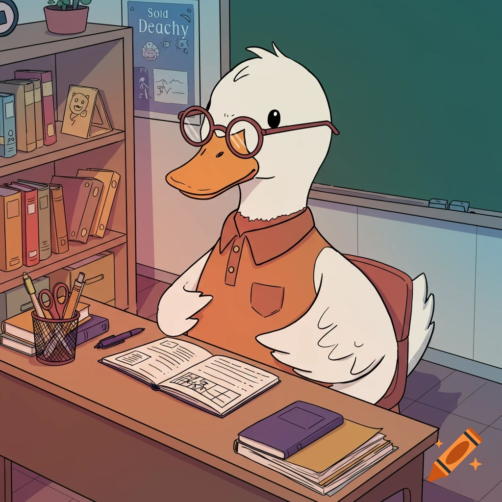 Cartoon outlined duck wearing glasses and an orange shirt, sitting at a classroom desk with an open book