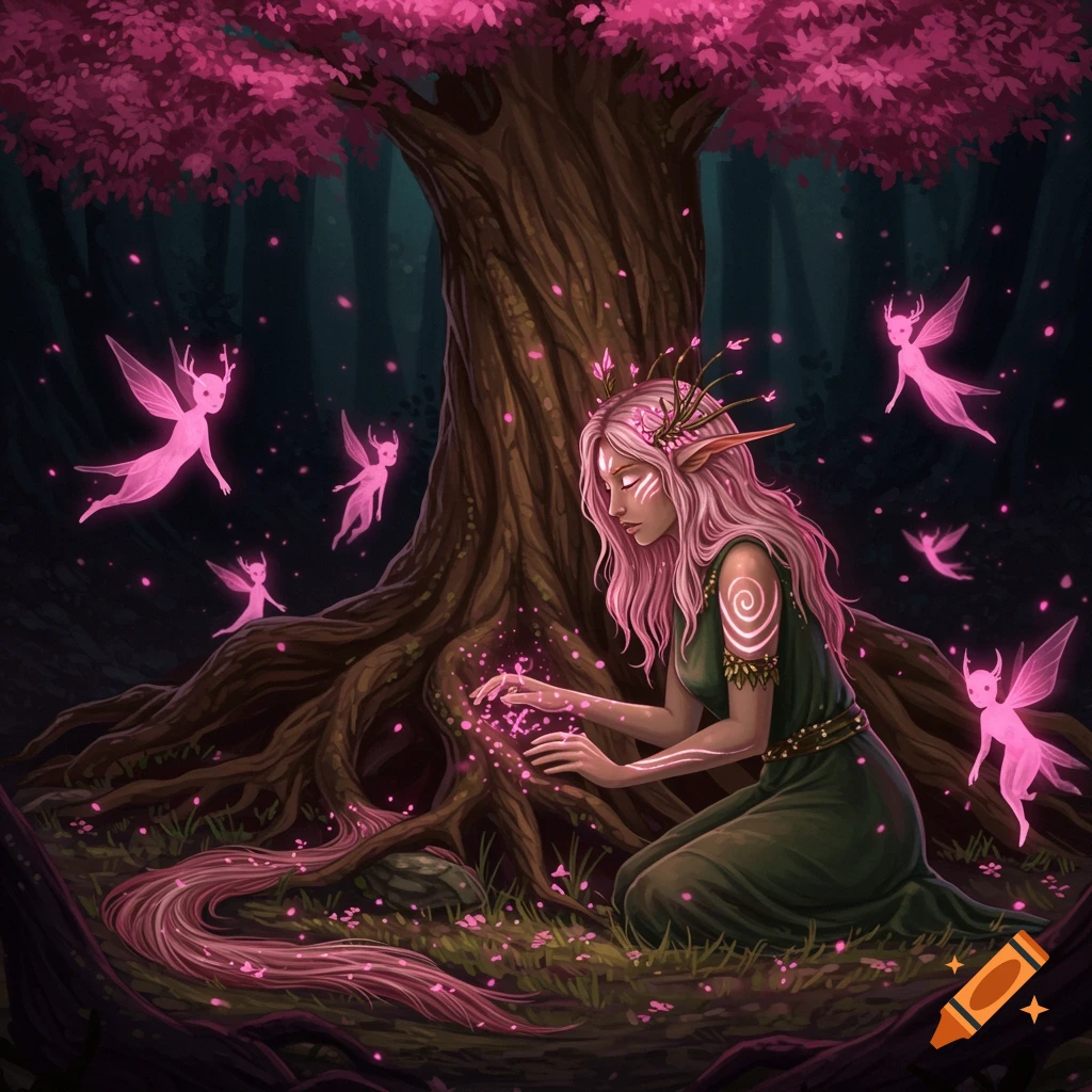 An elf kneels by a tree, touching glowing roots, surrounded by pink woodsprites.