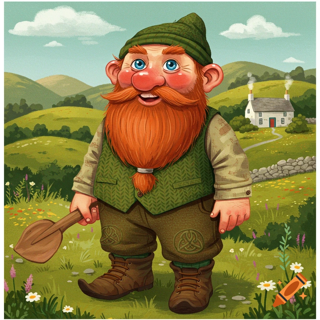 A cheerful gnome holding a shovel in a hilly landscape.