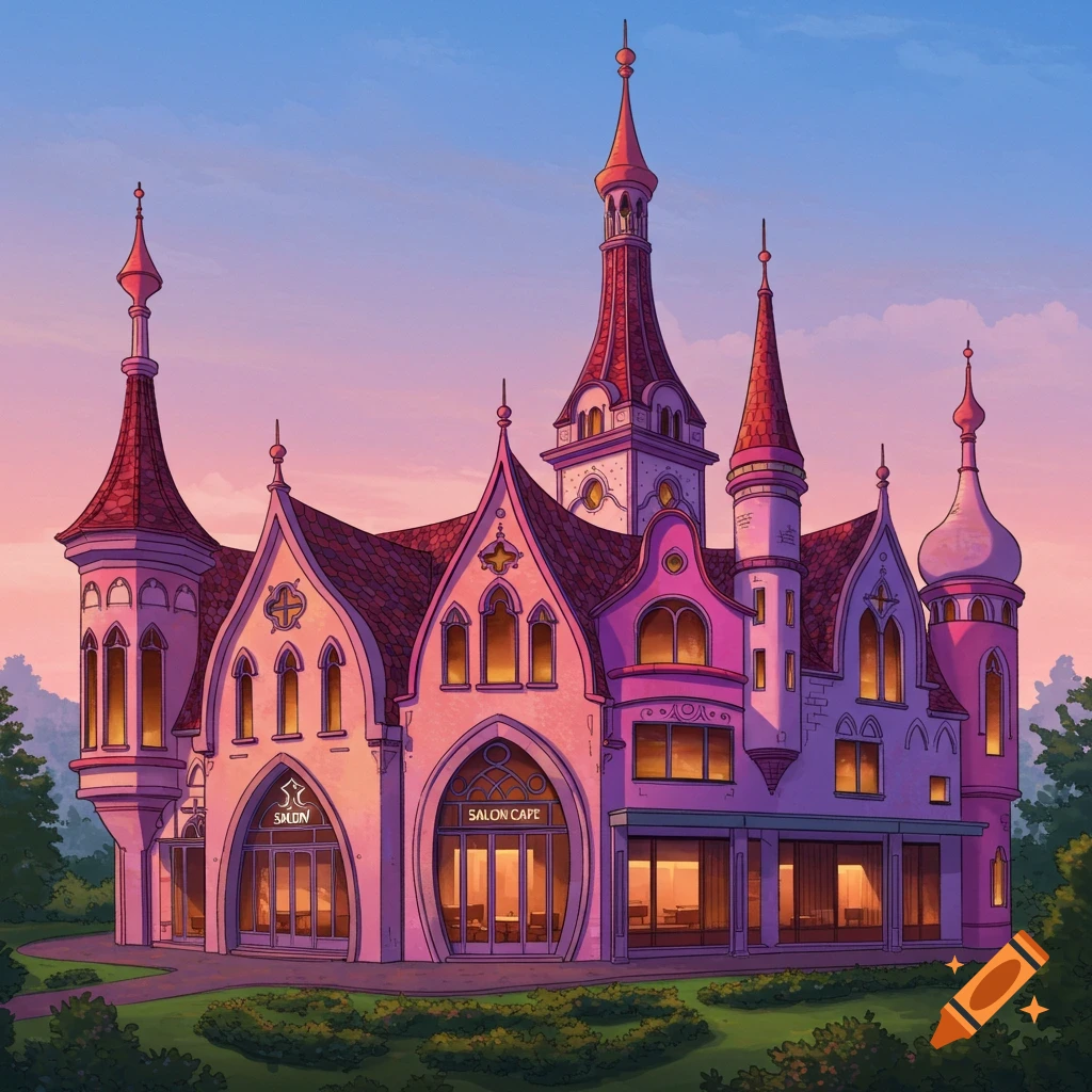 A pink and purple fantasy building with multiple towers and spires, labeled "Salon" and "Salon Cape", at sunset.