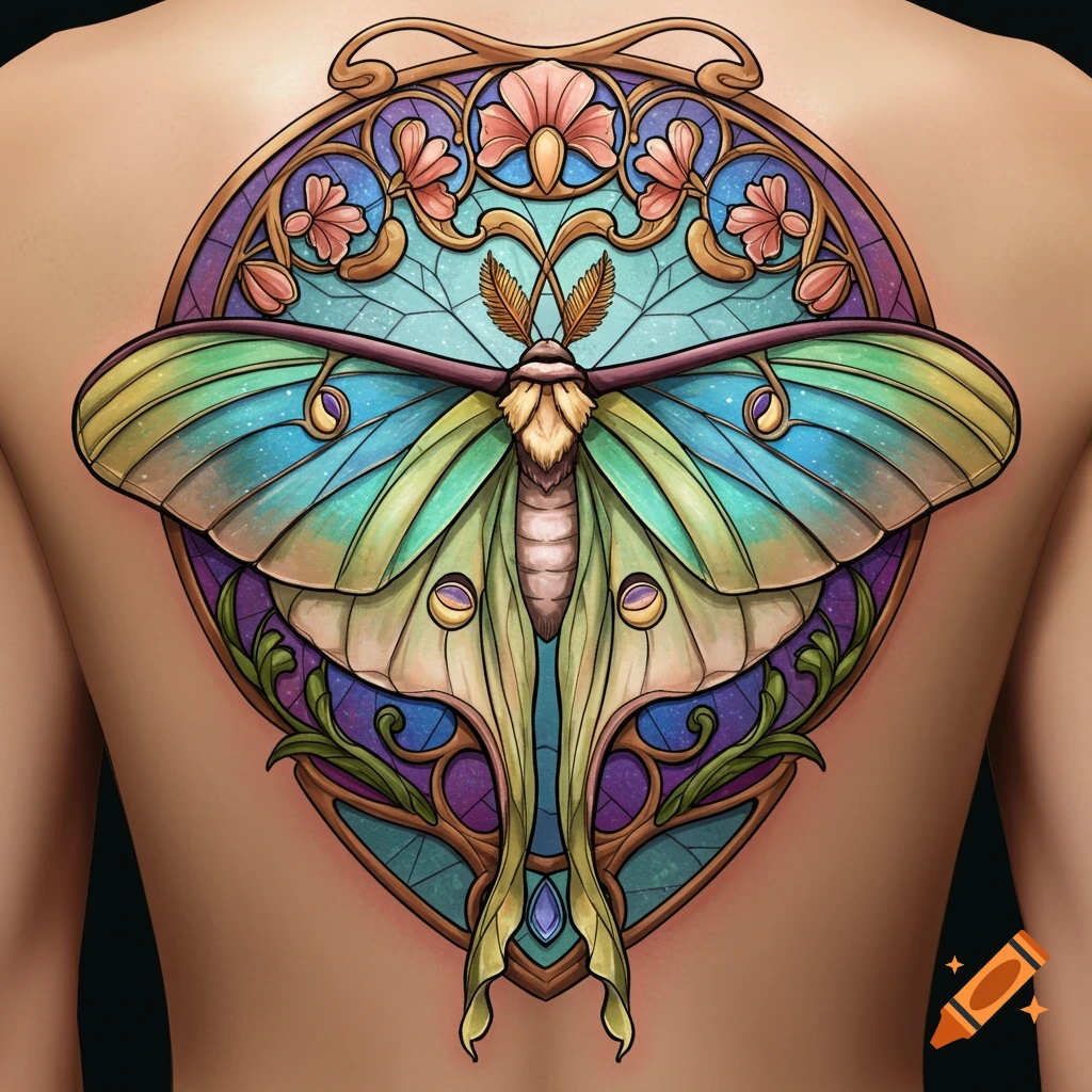 Art nouveau stained glass luna moth tattoo on a person's back