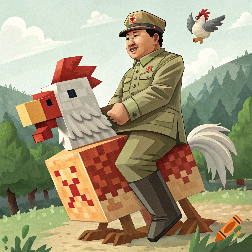 A man resembling Mao Zedong rides a giant blocky chicken in a Minecraft-like landscape.