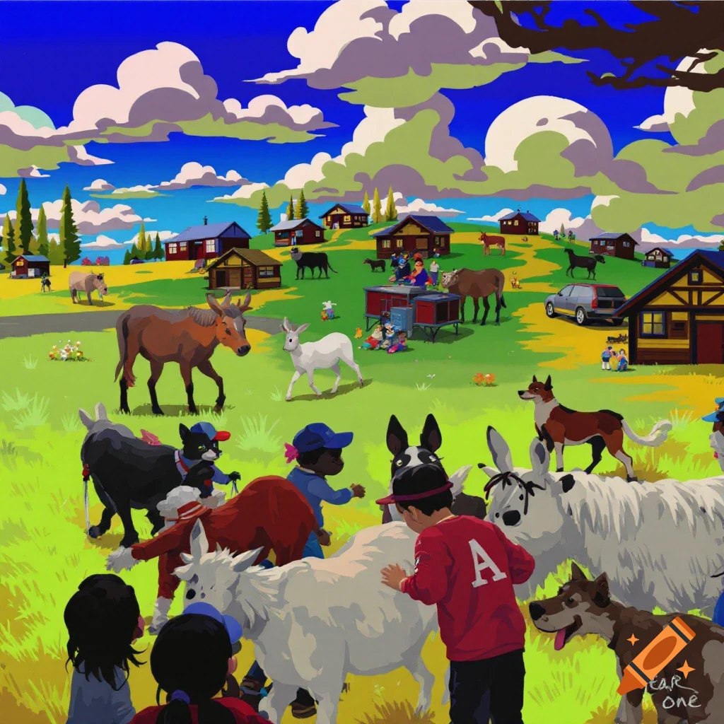 A vibrant farm scene with people and animals like goats, dogs, and horses.