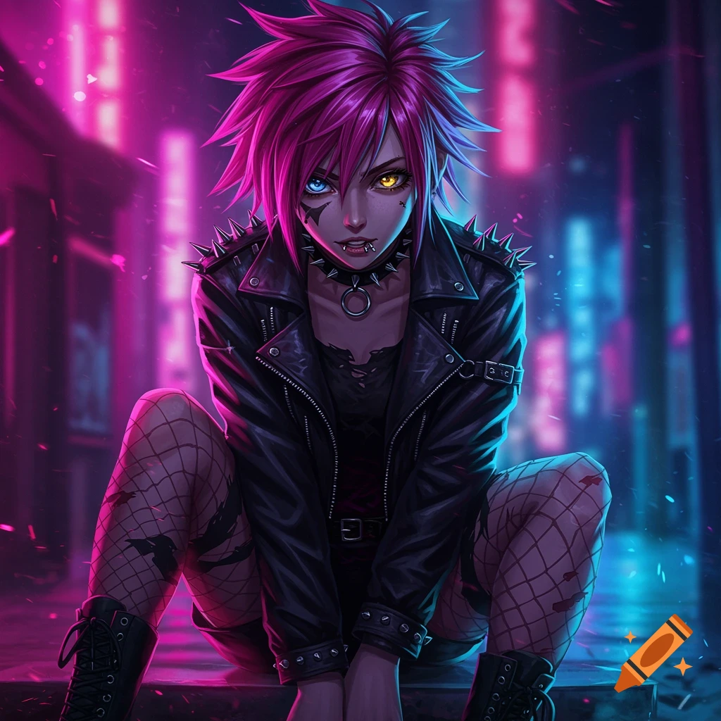 Anime girl with pink hair, heterochromatic eyes, leather jacket, fishnets in a neon cityscape digital art.