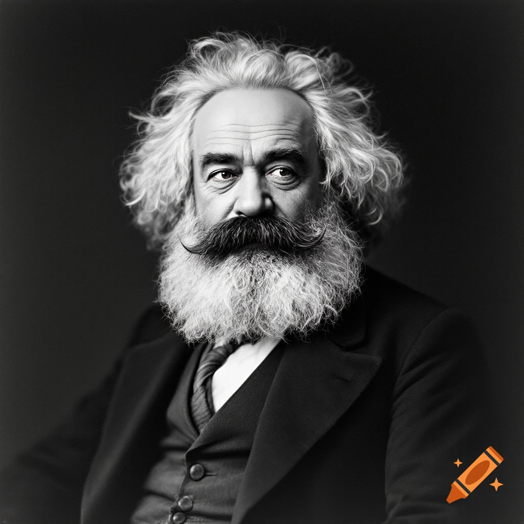 Black and white portrait of a man resembling Karl Marx with a large beard and mustache, wearing a suit.