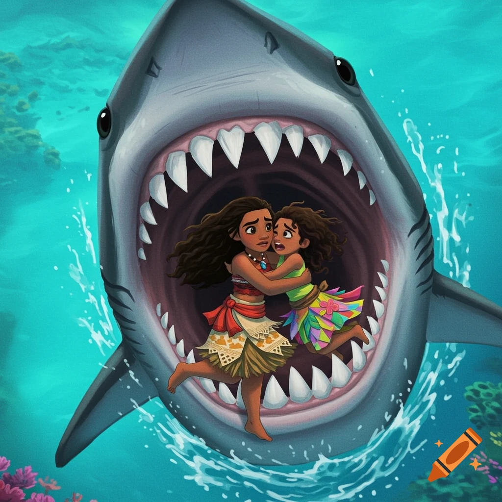 Two cartoon characters resembling Moana and Mirabel embracing inside a shark's open mouth underwater