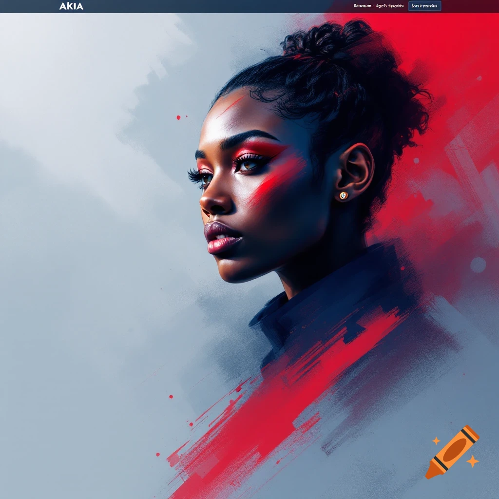 Portrait of a woman with bold red and blue abstract brush strokes.