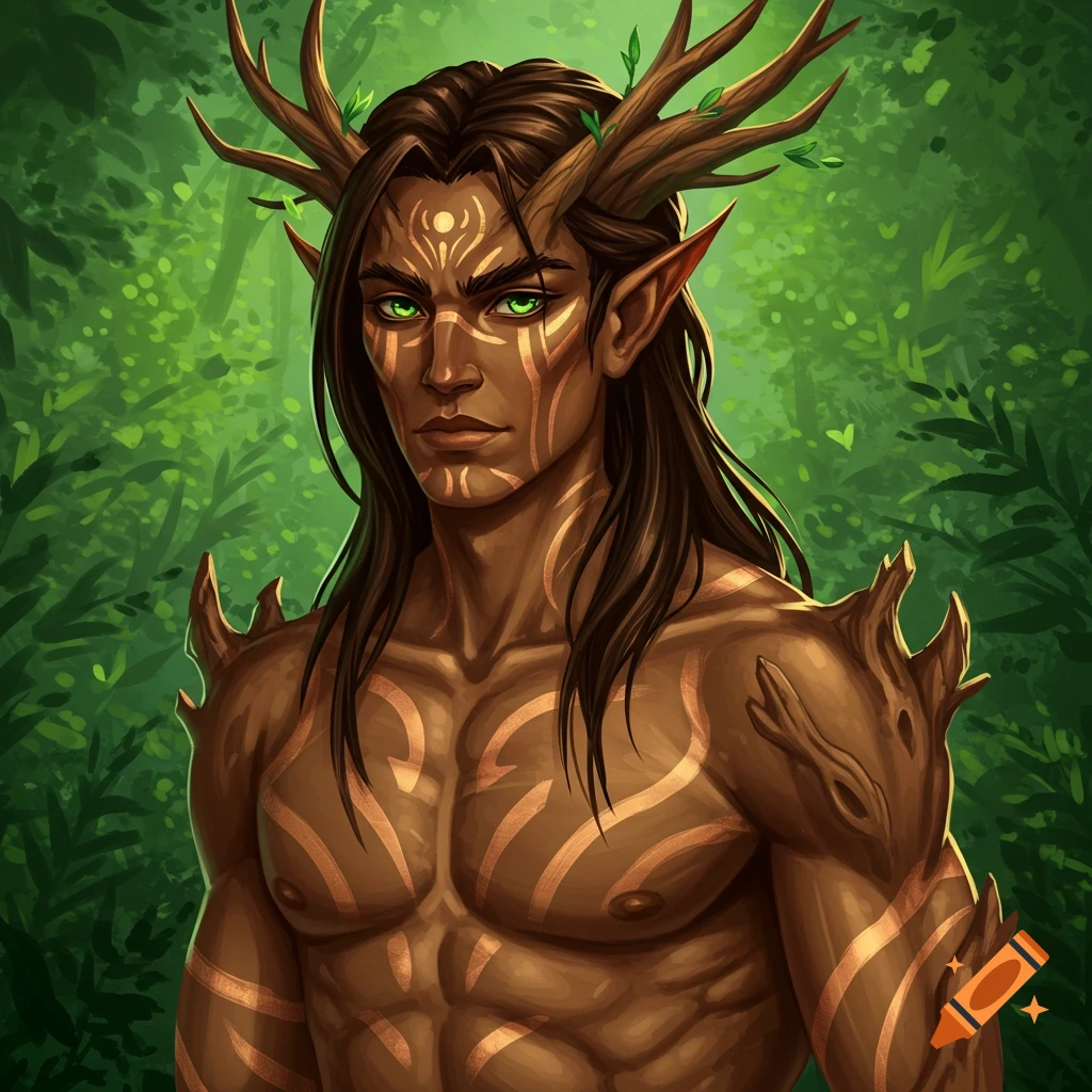 A male fey with tree bark skin, antlers, green eyes, and tribal tattoos in a forest.